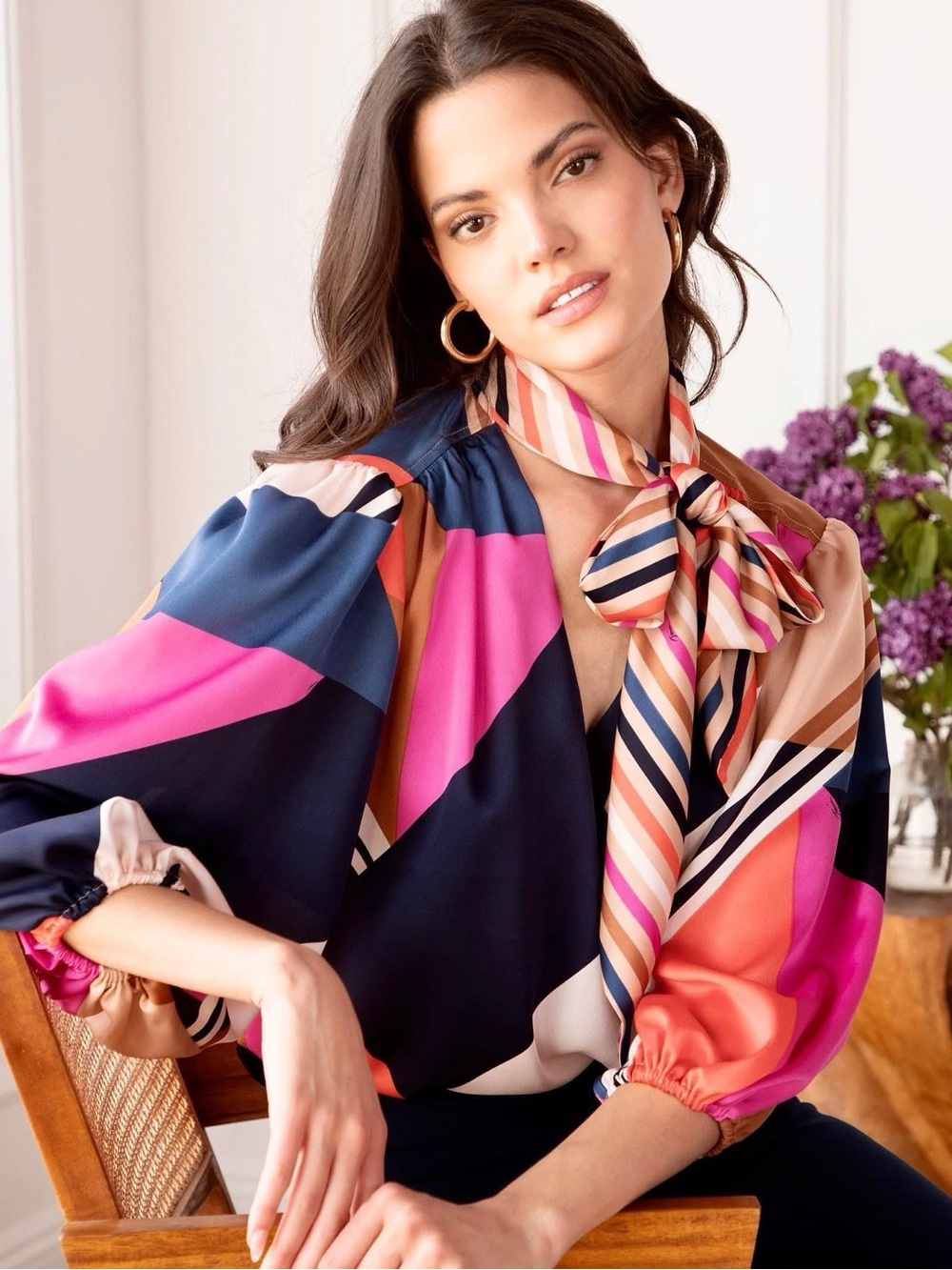 Trina Turk Geometric Print Tie-Neck Bow Blouse Pink -Multicolored Size L